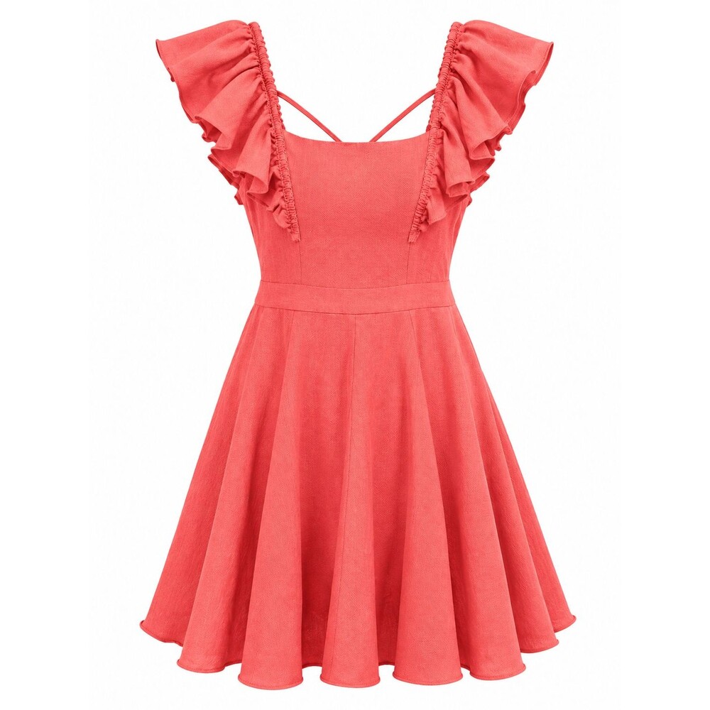 Mustard Seed Women’s Coral Pink Flare Rayon Dress Ruffle Sleeve Size S WOMAN